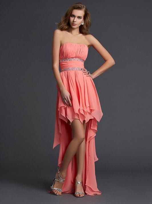 High Sleeveless Low Ruffles Empire Strapless Chiffon Homecoming Dresses