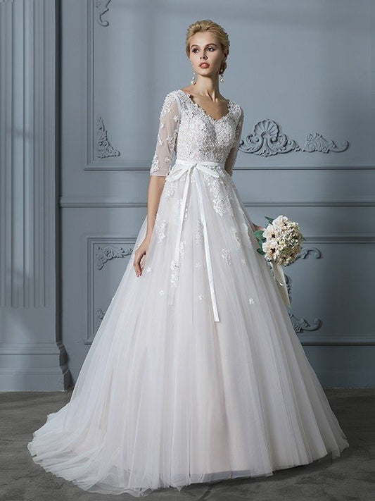 Gown 1/2 Lace Train V-neck Ball Sleeves Court Tulle Wedding Dresses