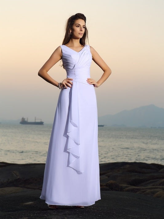 V-neck Pleats A-Line/Princess Long Sleeveless Chiffon Beach Wedding Dresses