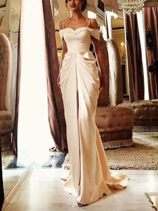 Sheath/Column like Short Ruffles Sleeves Train Silk Sweep/Brush Off-the-Shoulder Satin Wedding Dresses