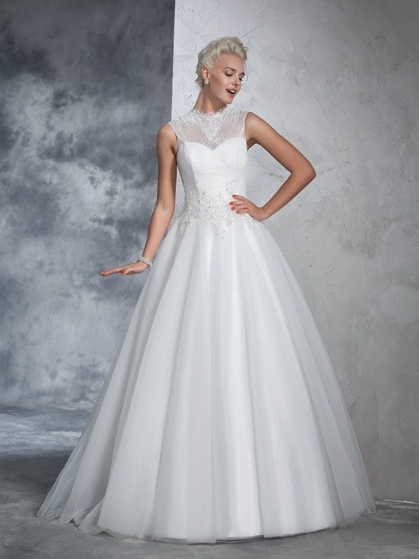 Neck High Long Ball Gown Sleeveless Applique Net Wedding Dresses