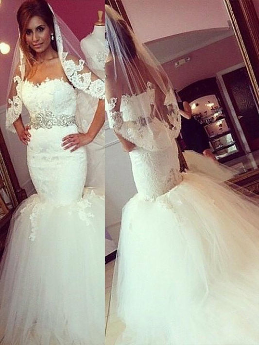 Trumpet/Mermaid Tulle Court Lace Sleeveless Sweetheart Train Wedding Dresses