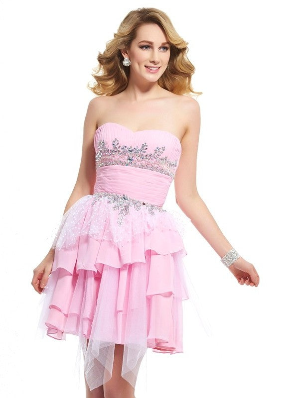 A-Line/Princess Sleeveless Beading Short Sweetheart Chiffon Homecoming Dresses