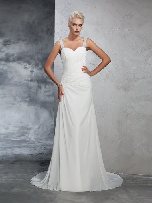 Sleeveless Ruched Long Trumpet/Mermaid Straps Chiffon Wedding Dresses