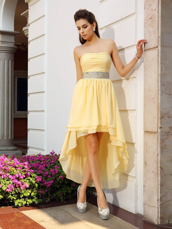 A-Line/Princess Strapless Beading Sleeveless Makayla High Low Homecoming Dresses Chiffon Cocktail Dresses