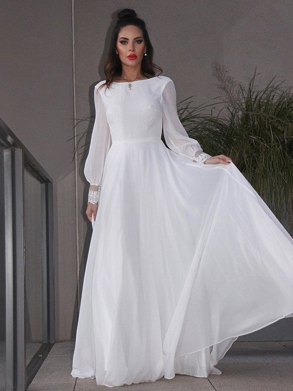 Long Chiffon Sweep/Brush A-Line/Princess Sleeves Scoop Ruffles Train Wedding Dresses