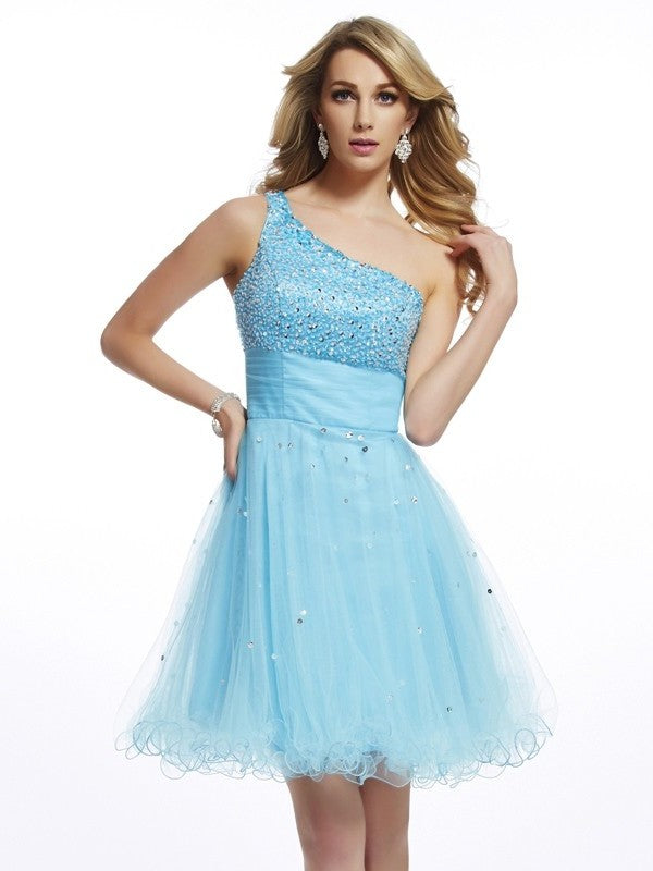 Beading Sleeveless A-Line/Princess Short One-Shoulder Organza Homecoming Dresses