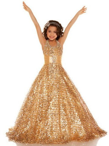 Sequins A-line/Princess Sleeveless Halter Long Sequin Flower Girl Dresses