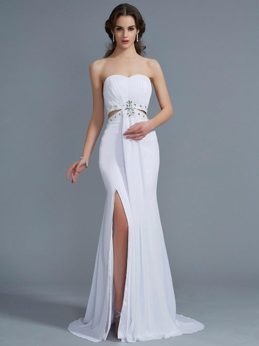 A-Line/Princess Beading Sweetheart Sleeveless Long Chiffon Dresses