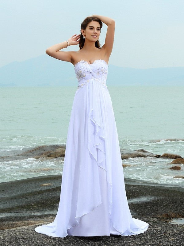 Beading Sleeveless A-Line/Princess Sweetheart Chiffon Long Beach Wedding Dresses