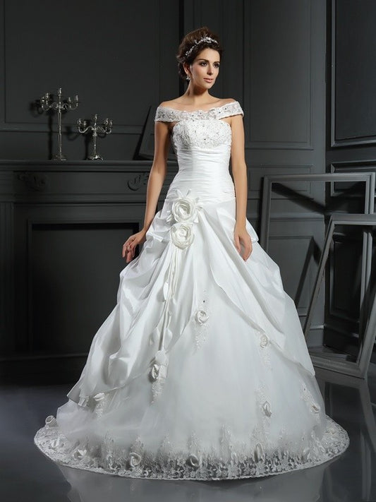 Ball Gown Sleeveless Off-the-Shoulder Flower Hand-Made Long Satin Wedding Dresses