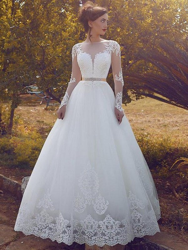 Bateau Ball Sleeves Gown Tulle Long Floor-Length Wedding Dresses