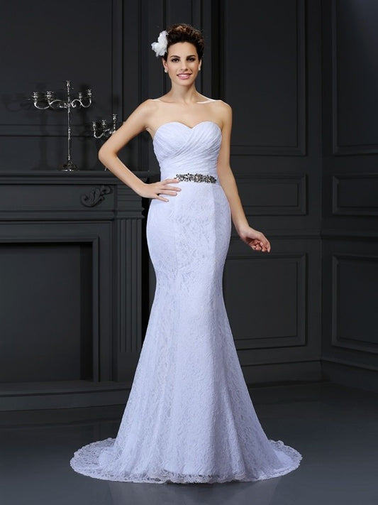 Long Trumpet/Mermaid Sleeveless Sweetheart Lace Wedding Dresses