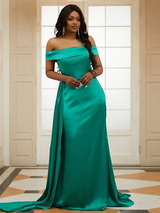 Satin Sheath/Column Silk Ruffles Off-the-Shoulder Sleeveless like Sweep/Brush Train Dresses