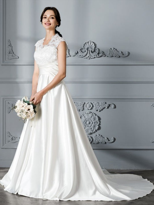 Ball Sleeveless Train V-neck Gown Court Satin Wedding Dresses