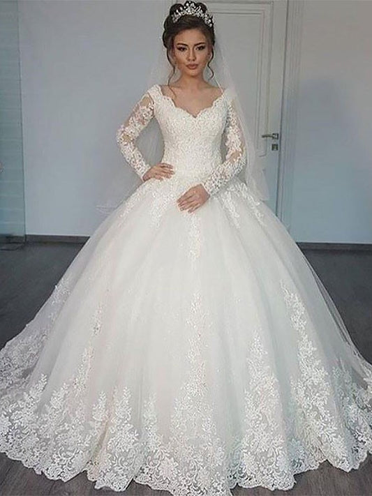 Ball Sleeves Gown Train Long V-neck Court Tulle Wedding Dresses