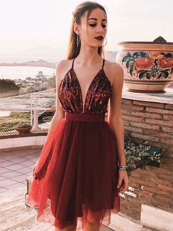 Tulle Straps Spaghetti Sleeveless Sequin A-Line/Princess Short/Mini Homecoming Dresses