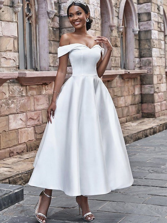 Satin Sleeveless Ruffles A-Line/Princess Off-the-Shoulder Ankle-Length Wedding Dresses