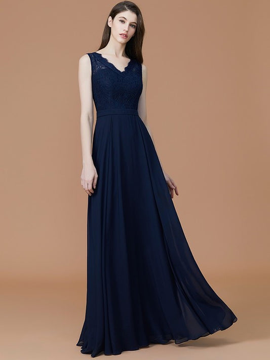 Floor-Length Lace Sleeveless A-Line/Princess V-neck Chiffon Bridesmaid Dresses