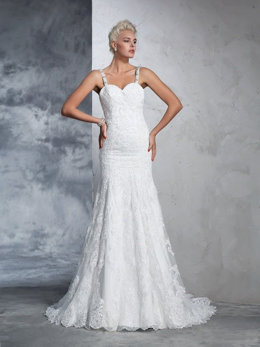 Long Sleeveless Trumpet/Mermaid Straps Spaghetti Lace Lace Wedding Dresses