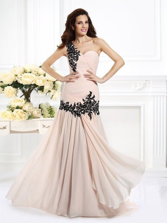 Beading Sleeveless Applique A-Line/Princess One-Shoulder Long Chiffon Dresses