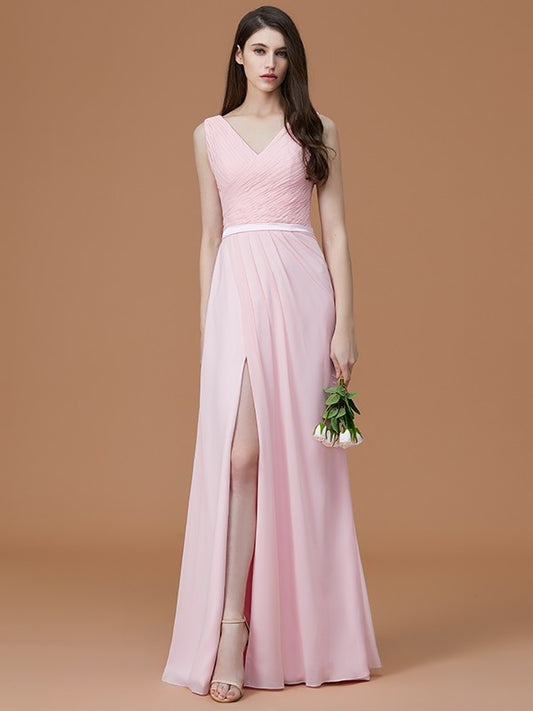 V-neck Floor-Length Ruched A-Line/Princess Sleeveless Chiffon Bridesmaid Dresses