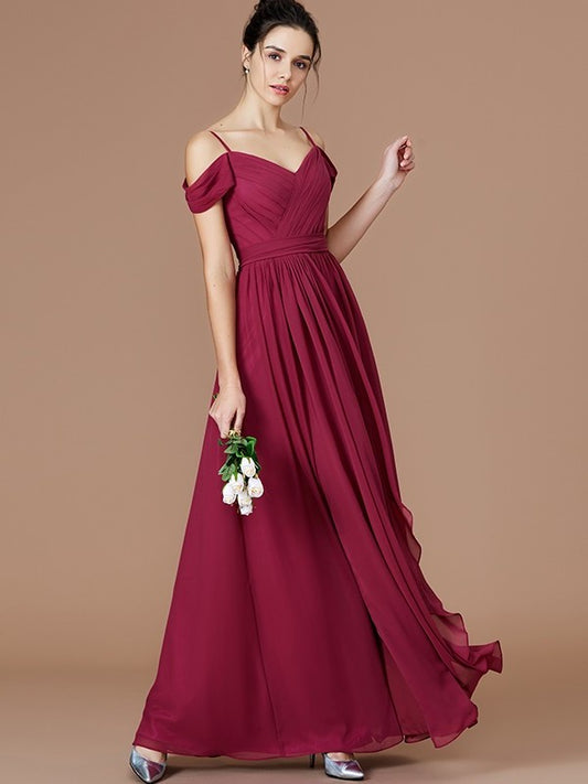 Floor-Length Ruched Sleeveless A-Line/Princess Off-the-Shoulder Chiffon Bridesmaid Dresses