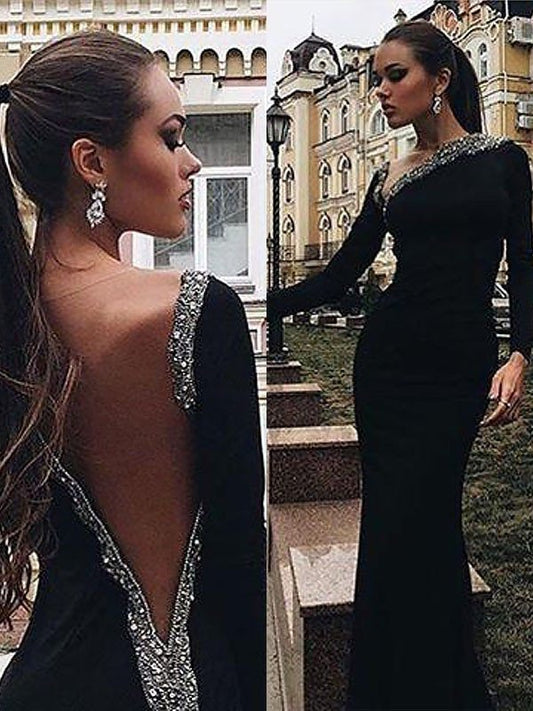 Long Sleeves Beading Trumpet/Mermaid One-Shoulder Spandex Sweep/Brush Train Dresses