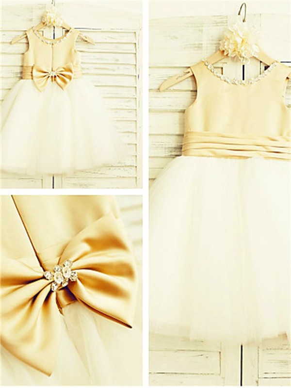 Scoop Tulle Tea-Length A-line/Princess Sleeveless Bowknot Flower Girl Dresses