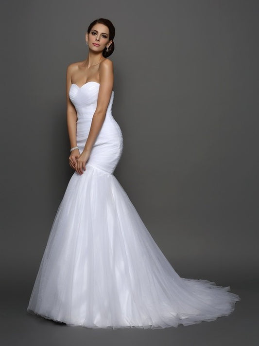 Sweetheart Pleats Sleeveless Trumpet/Mermaid Long Net Wedding Dresses