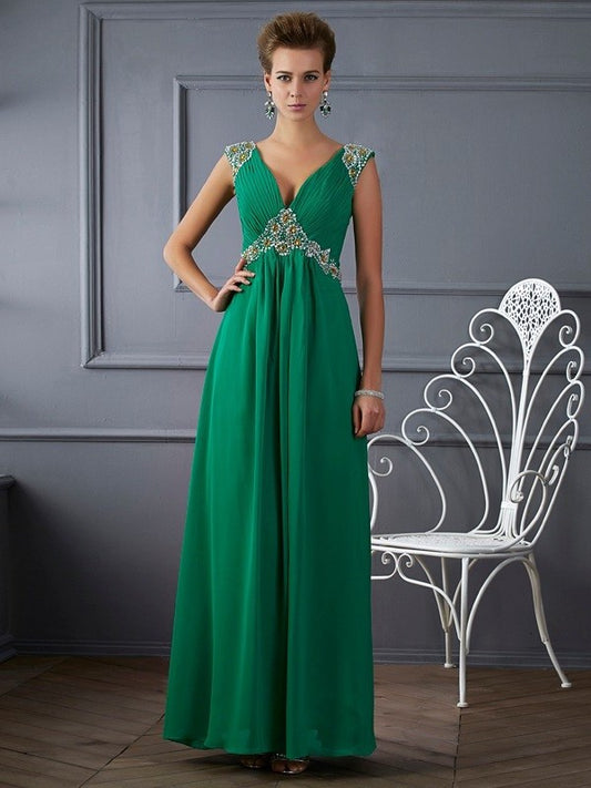 A-Line/Princess Short Sleeves Beading V-neck Long Chiffon Dresses