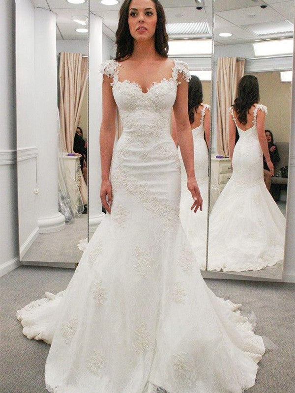 Chapel Applique Sleeves Short Trumpet/Mermaid Train Sweetheart Lace Wedding Dresses