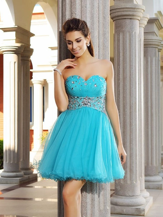 A-Line/Princess Sleeveless Sweetheart Short Ruffles Satin Cocktail Dresses