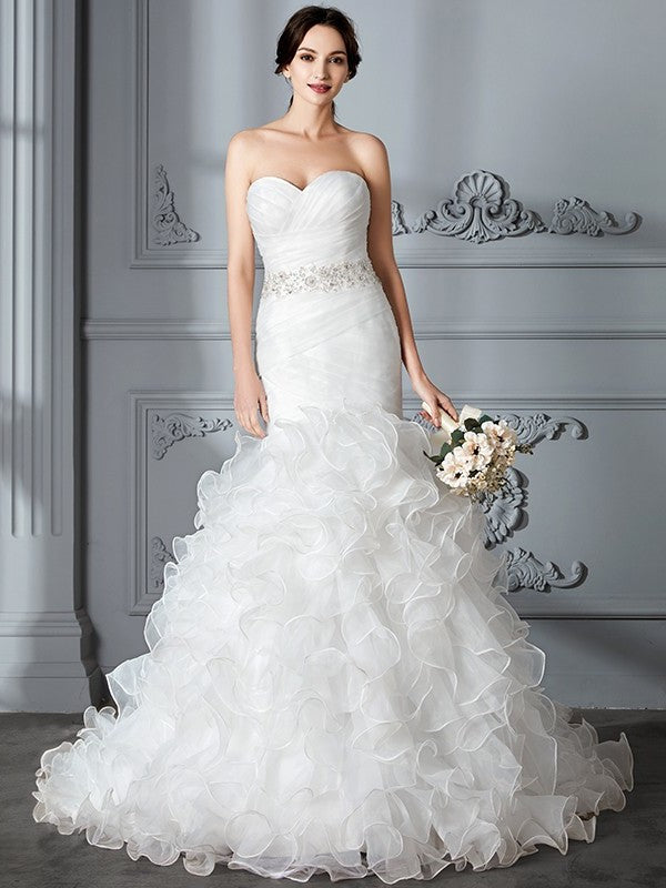 Trumpet/Mermaid Sweep/Brush Ruffle Train Sweetheart Sleeveless Satin Wedding Dresses