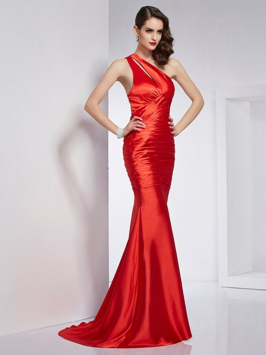 Long Sheath/Column Beading Elastic One-Shoulder Woven Satin Dresses