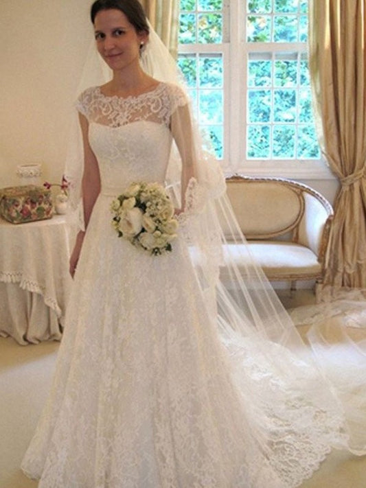 Lace Sweep/Brush Sleeveless Scoop A-Line/Princess Train Tulle Wedding Dresses