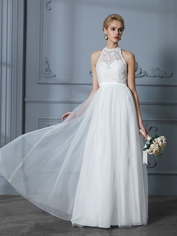 A-Line/Princess Scoop Tulle Sleeveless Floor-Length Wedding Dresses