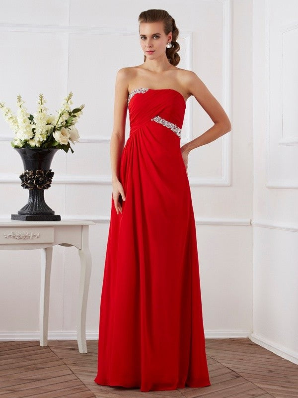 Beading Sheath/Column Sleeveless Strapless Long Chiffon Dresses