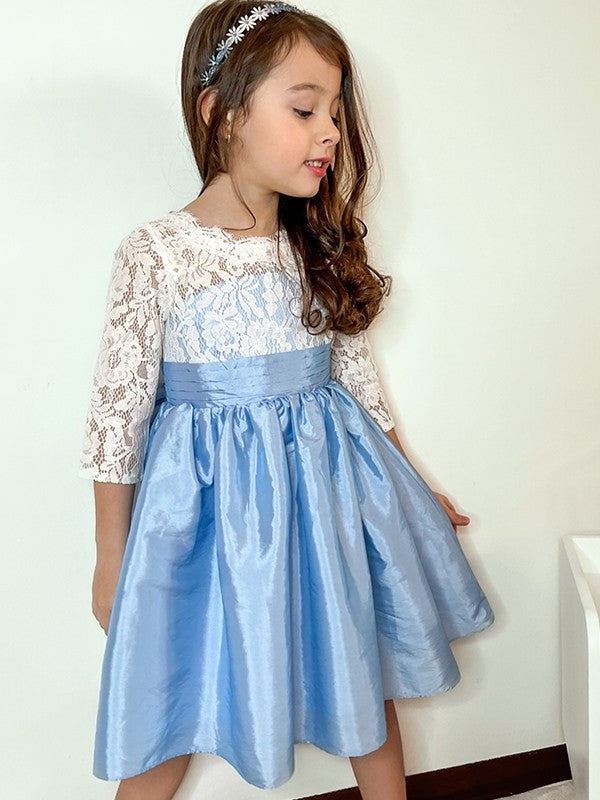 Sleeves 3/4 Knee-Length Lace Scoop A-Line/Princess Taffeta Flower Girl Dresses