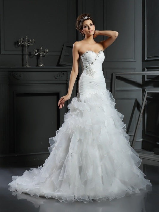 Sleeveless Sweetheart Ruffles Long Trumpet/Mermaid Organza Wedding Dresses