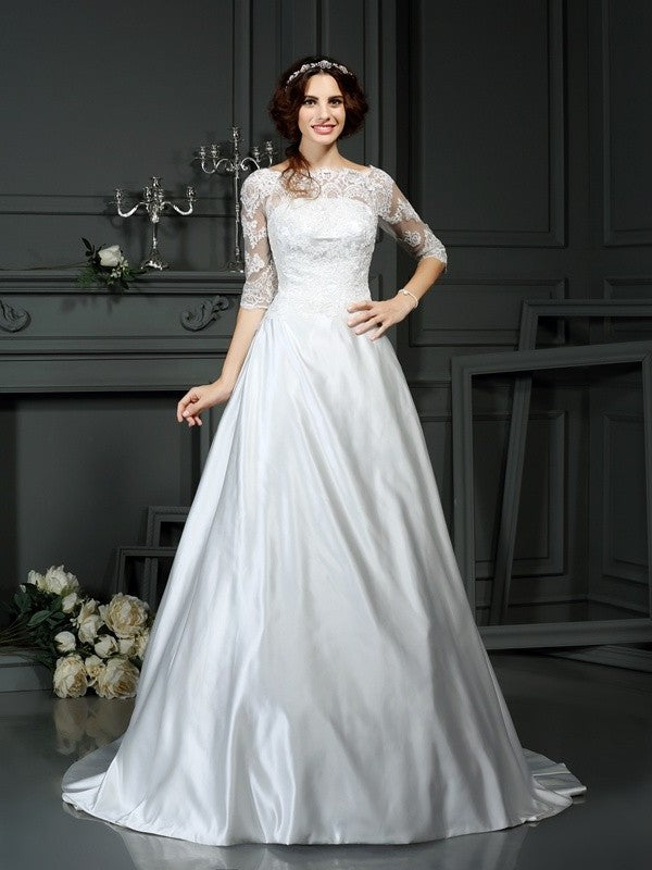 A-Line/Princess Bateau Sleeves Long 1/2 Lace Satin Wedding Dresses