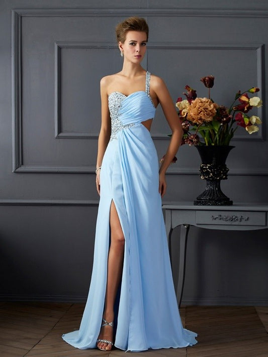 Sheath/Column Sleeveless Long One-Shoulder Beading Chiffon Dresses