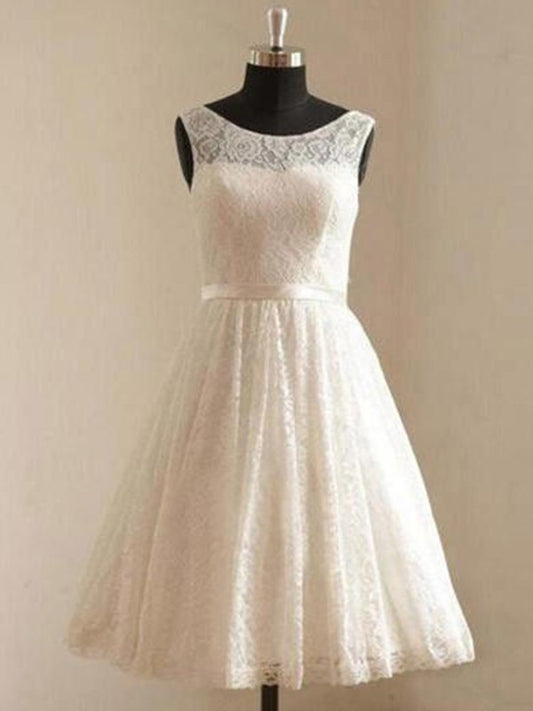 Sash/Ribbon/Belt Lace Sleeveless A-Line/Princess Scoop Knee-Length Wedding Dresses