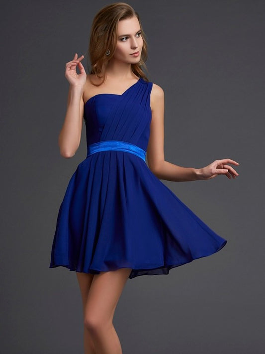 Sleeveless Short One-Shoulder Pleats A-Line/Princess Chiffon Homecoming Dresses