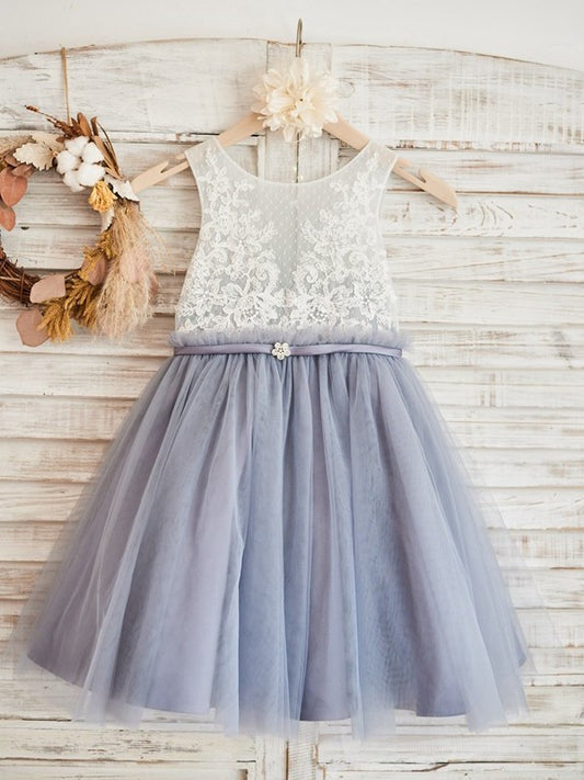 A-Line/Princess Knee-Length Sleeveless Lace Tulle Scoop Flower Girl Dresses