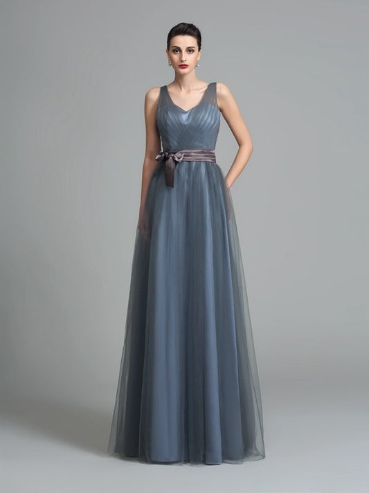 Long Sash/Ribbon/Belt Sleeveless A-Line/Princess Straps Net Bridesmaid Dresses