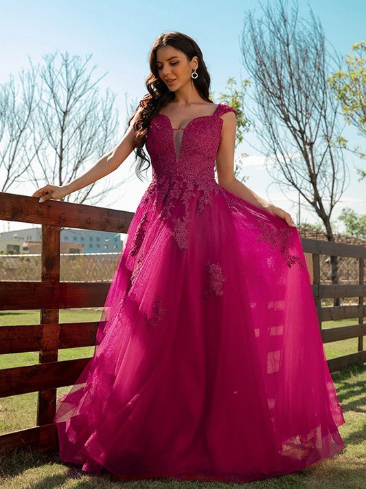 A-Line/Princess V-neck Tulle Applique Sleeveless Floor-Length Dresses