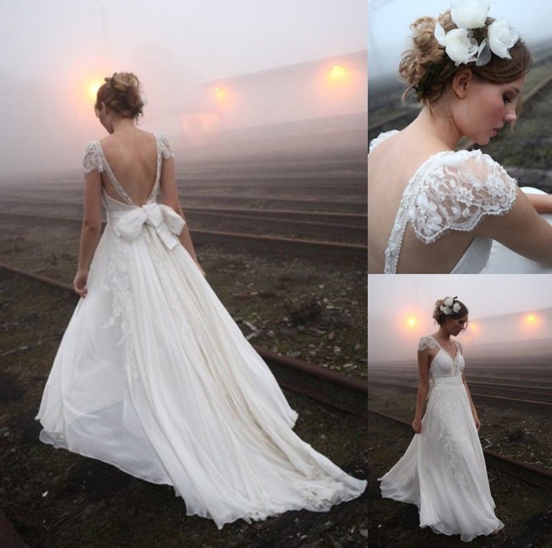 V-neck Lace Train Sweep/Brush A-Line/Princess Sleeveless Chiffon Wedding Dresses