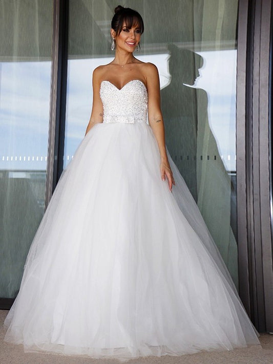 Bowknot Gown Sweetheart Ball Sleeveless Tulle Floor-Length Wedding Dresses