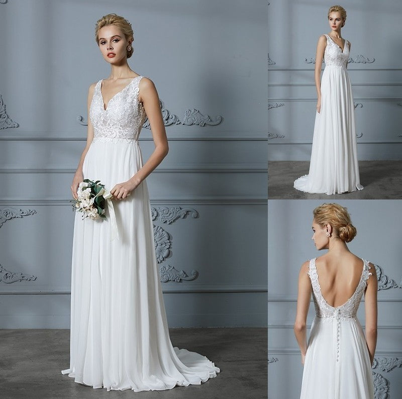 Train Sweep/Brush Sleeveless A-Line/Princess V-neck Chiffon Wedding Dresses